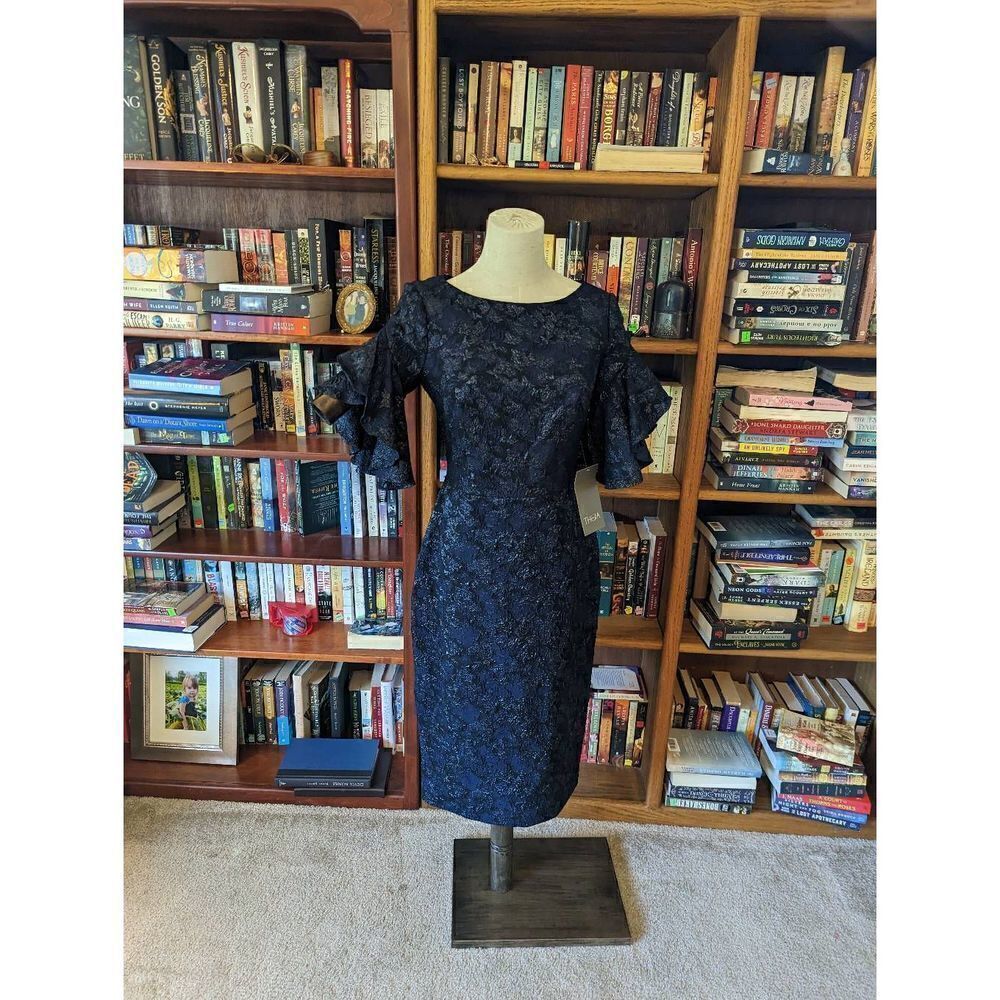 Theia ruffle sleeve cloque dress blue and gold knee length cocktail dress nwt sz - Picture 1 of 7
